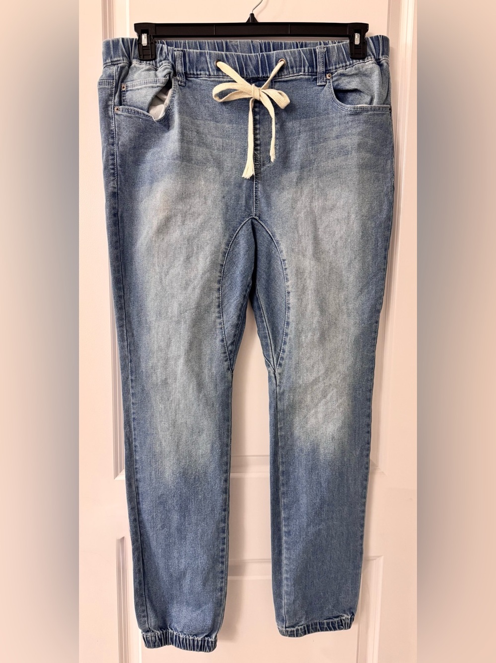 #2740 - Victorious Stretch Waist Drawstring Light Indigo Blue Wash Denim Jogger